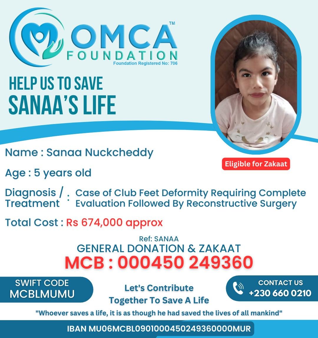 Help Save Sanaa’s Life – Urent Reconstructive Surgery for Club Foot Deformity